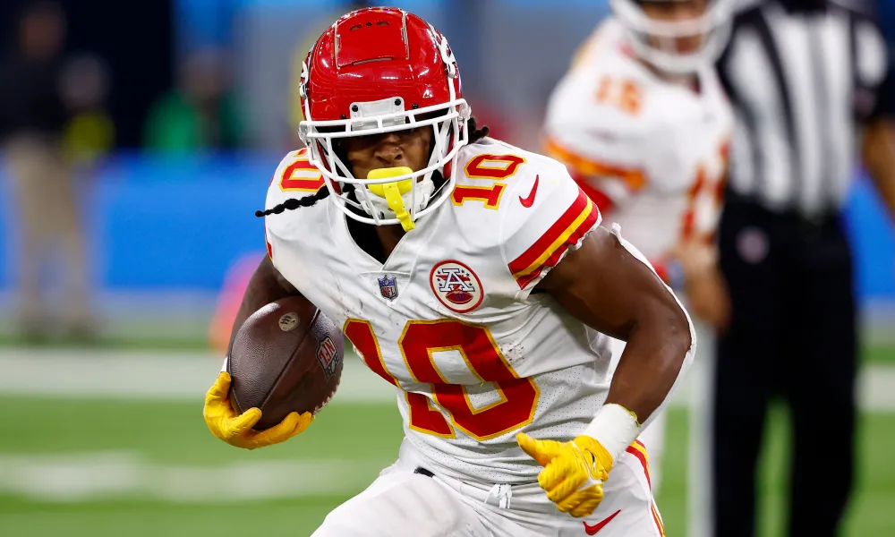INGLEWOOD, CALIFORNIA - NOVEMBER 20: Isiah Pacheco #10 of the Kansas City Chiefs runs the ball during the third quarter in the game against the Los Angles Chargers at SoFi Stadium on November 20, 2022 in Inglewood, California. (Photo by Ronald Martinez/Getty Images)