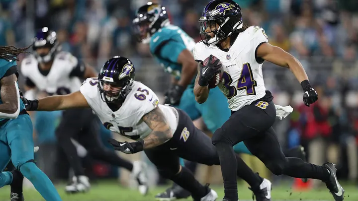 Keaton Mitchell, #34 of the Baltimore Ravens, runs with the ball against the Jacksonville Jaguars during the third quarter at EverBank Stadium on Dec. 17, 2023 in Jacksonville, Florida. (Courtney Culbreath/Getty Images)
