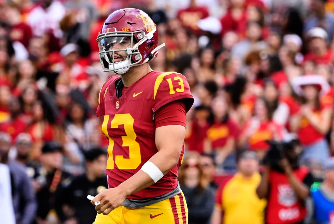 USC quarterback Caleb Williams reacts after throwing an interception against the UCLA Bruins in the first half of a NCAA football game at the Los Angeles Memorial Coliseum in Los Angeles on Saturday, November 18, 2023. (Photo by Keith Birmingham, Pasadena Star-News/ SCNG)