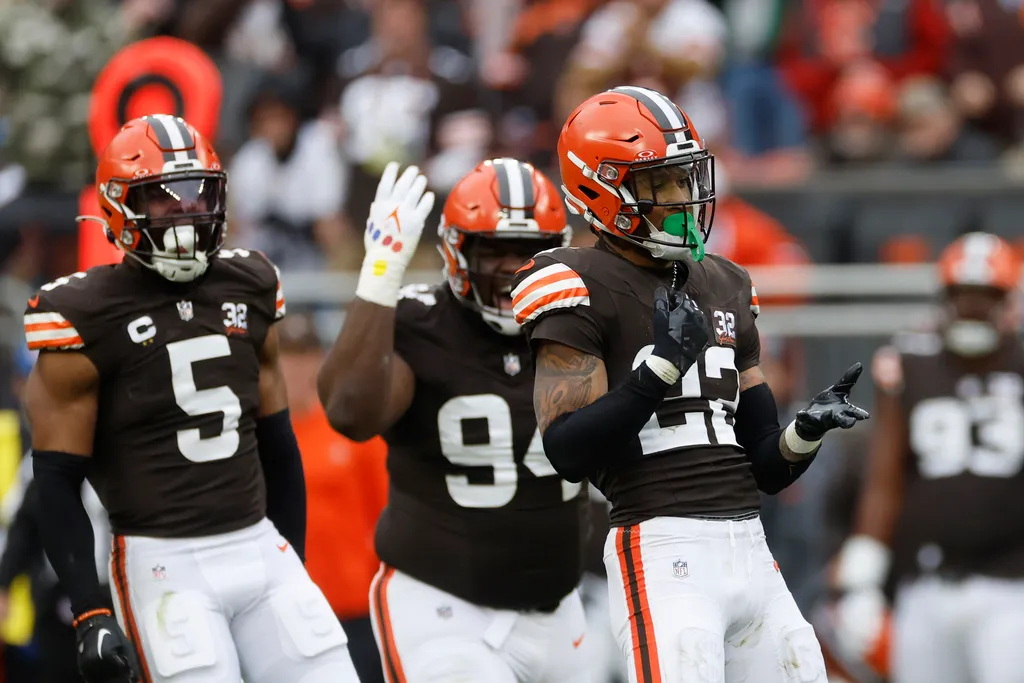 Cleveland Browns safety Grant Delpit (22) reacts after sacking Jacksonville Jaguars quarterback Trevor Lawrence during the first half of an NFL football game, Sunday, Dec. 10, 2023, in Cleveland. (AP Photo/Ron Schwane)