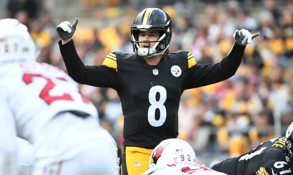 Dec 3, 2023; Pittsburgh, Pennsylvania, USA; Pittsburgh Steelers quarterback Kenny Pickett (8) makes a play against the Arizona Cardinals during the second quarter at Acrisure Stadium. Mandatory Credit: Philip G. Pavely-USA TODAY Sports