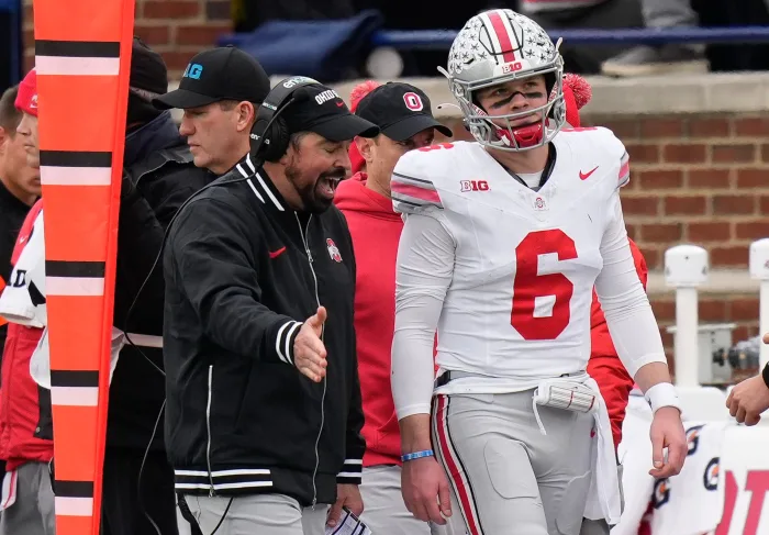Ohio State Buckeyes Kyle McCord and Ryan Day on the sidelines during Saturday's matchup against Michigan at Michigan Stadium in Ann Arbor USA Today-Sports