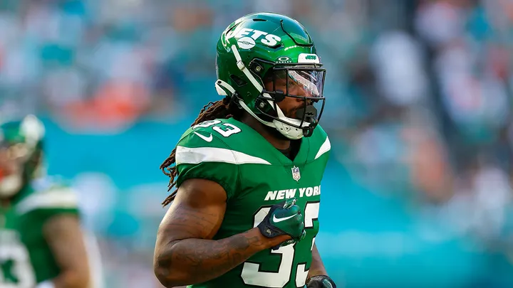 Dalvin Cook #33 of the New York Jets looks on during a game against the Miami Dolphins at Hard Rock Stadium on December 17, 2023 in Miami Gardens, Florida. (Brandon Sloter/Image Of Sport/Getty Images)