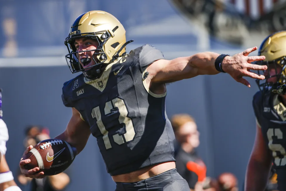 Army quarterback Bryson Daily celebrates a touchdown during an NCAA college football game against East Carolina, Saturday, Oct. 19, 2024, in West Point, N.Y. (AP Photo/Eduardo Munoz Alvarez)ASSOCIATED PRESS