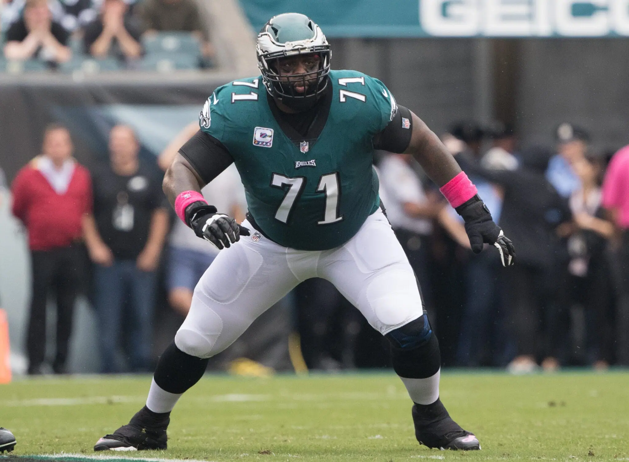 Oct 8, 2017; Philadelphia, PA, USA; Philadelphia Eagles offensive tackle Jason Peters (71) in action against the Arizona Cardinals at Lincoln Financial Field. Mandatory Credit: Bill Streicher-USA TODAY Sports