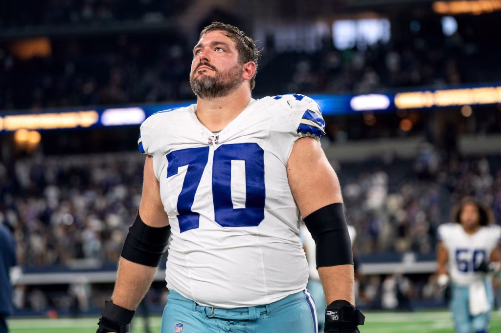 Dallas Cowboys guard Zack Martin walks off the field after losing to the Baltimore Ravens in an NFL football game Sunday, Sept. 22, 2024, in Arlington, Texas. (AP Photo/Jeffrey McWhorter)AP
