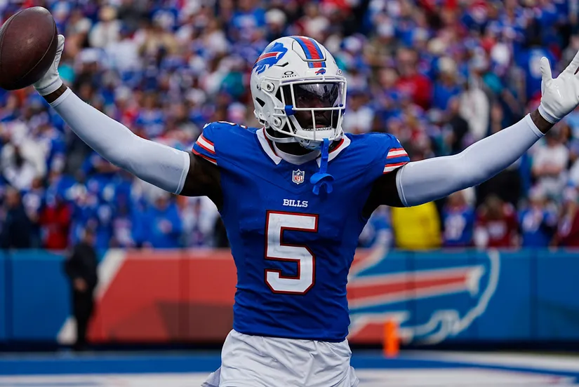 Bills Kaiir Elam celebrates his fumble recovery against Miami during second half action at Highmark Stadium on Nov. 3, 2024. Tina MacIntyre-Yee/Democrat and Chronicle, Tina MacIntyre-Yee/Democrat and Chronicle / USA TODAY NETWORK via Imagn Images