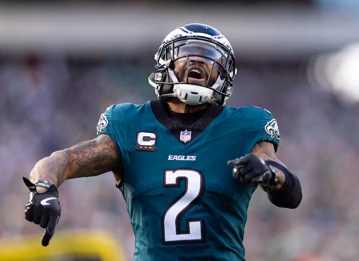 Dec 8, 2024; Philadelphia, Pennsylvania, USA; Philadelphia Eagles cornerback Darius Slay Jr. (2) reacts after a defensive stop against the Carolina Panthers during the fourth quarter at Lincoln Financial Field. Mandatory Credit: Bill Streicher-Imagn Images/File Photo