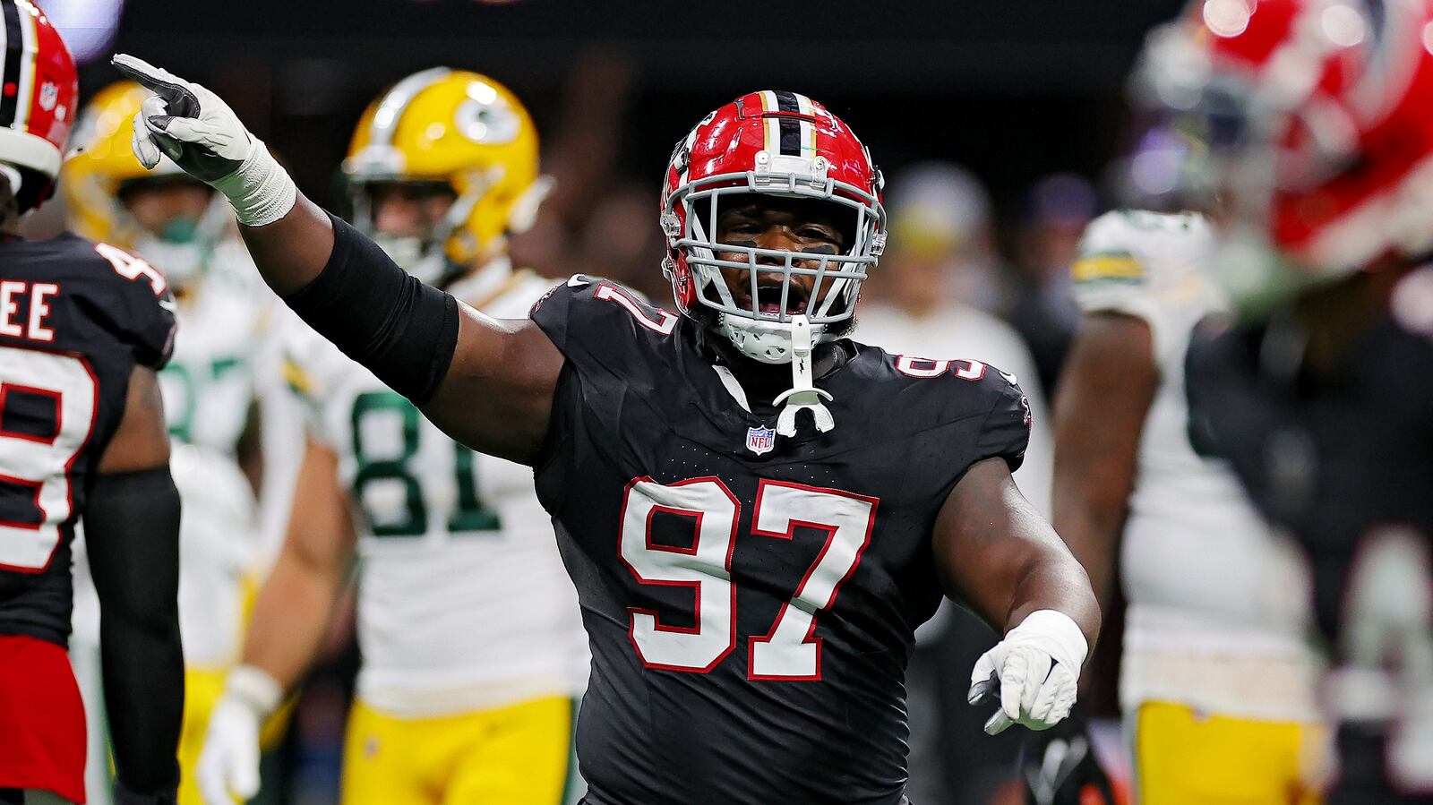 Green Bay Packers v Atlanta Falcons - ATLANTA, GEORGIA - SEPTEMBER 17: Grady Jarrett #97 of the Atlanta Falcons reacts after a play during the fourth quarter in the game against the Green Bay Packers at Mercedes-Benz Stadium on September 17, 2023 in Atlanta, Georgia. (Photo by Kevin C. Cox/Getty Images)