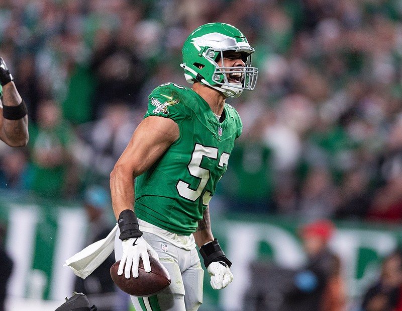 Nov 3, 2024; Philadelphia, Pennsylvania, USA; Philadelphia Eagles linebacker Zack Baun (53) reacts after his interception against the Jacksonville Jaguars during the second quarter at Lincoln Financial Field. Mandatory Credit: Bill Streicher-Imagn Images Bill Streicher