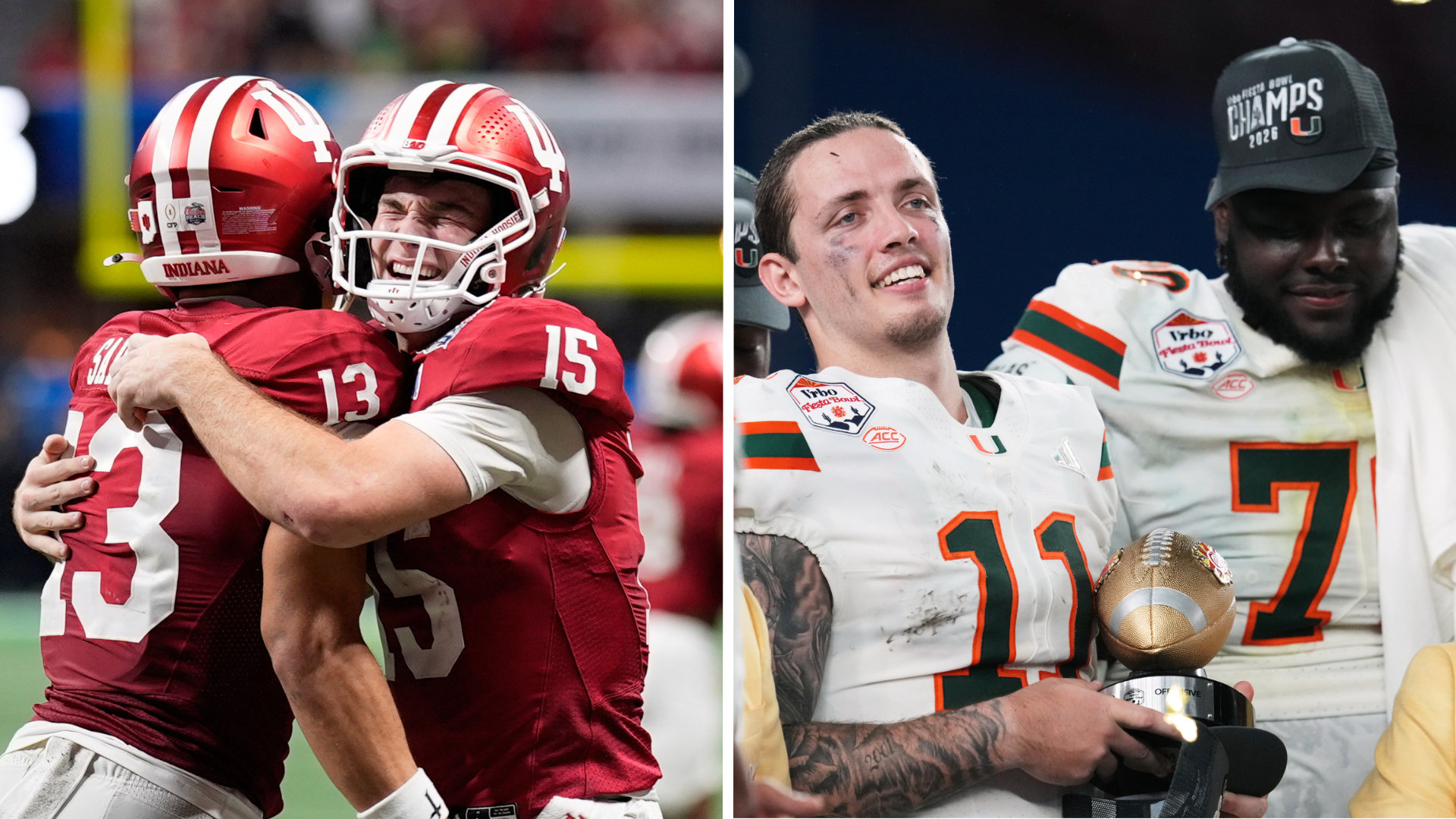 Indiana wide receiver Elijah Sarratt celebrates with quarterback Fernando Mendoza in the Peach Bowl. / Miami quarterback Carson Beck holds a trophy after winning the Fiesta Bowl. (AP Photos/Mike Stewart, Ross D. Franklin)