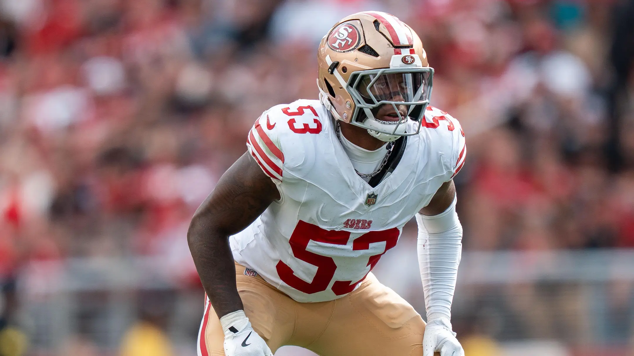 September 28, 2025; Santa Clara, California, USA; San Francisco 49ers linebacker Dee Winters (53) during the third quarter against the Jacksonville Jaguars at Levi's Stadium. Mandatory Credit: Kyle Terada-Imagn Images | Kyle Terada-Imagn Images