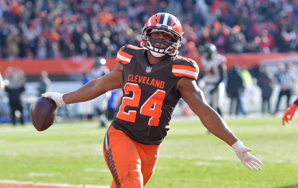 Cleveland Browns running back Nick Chubb celebrates after scoring a 92-yard touchdown in the second half of an NFL football game against the Atlanta Falcons in Cleveland.AP