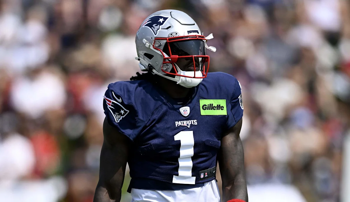 FOXBOROUGH, MASSACHUSETTS - AUGUST 11: A.J. Brown #1 of the New England Patriots looks on during a joint practice with the Indianapolis Colts at Gillette Stadium on August 11, 2026 in Foxborough, Massachusetts. (Photo by Billie Weiss/Getty Images) Getty