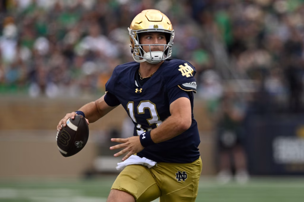 Notre Dame quarterback CJ Carr looks to throw during the first quarter of an NCAA football game against Purdue, Saturday, Sept. 20, 2025, in South Bend, Ind. (AP Photo/Paul Beaty)AP