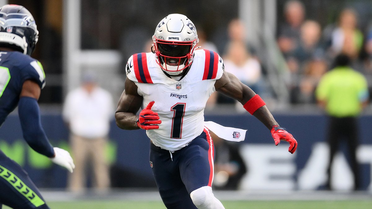 Sep 9, 2026; Seattle, Washington, USA; aNew England Patriots wide receiver A.J. Brown (1) runs a route against Seattle Seahawks cornerback Josh Jobe (29) during the second quarter at Lumen Field. Mandatory Credit: Steven Bisig-Imagn Images