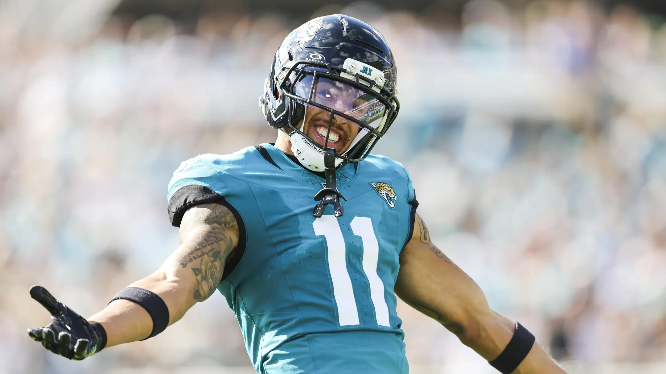 Nov 16, 2025; Jacksonville, Florida, USA; Jacksonville Jaguars wide receiver Parker Washington (11) reacts after drawing a pass interference penalty against the Los Angeles Chargers during the first quarter at EverBank Stadium. Mandatory Credit: Morgan Tencza-Imagn Images | Morgan Tencza-Imagn Images